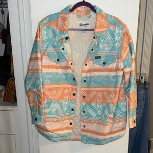 Oversized Wrangler Women's Orange and Blue Patterned Utility Jacket
